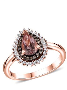 Premium Pink Morganite, Natural Champagne and White Diamond Double Halo Ring